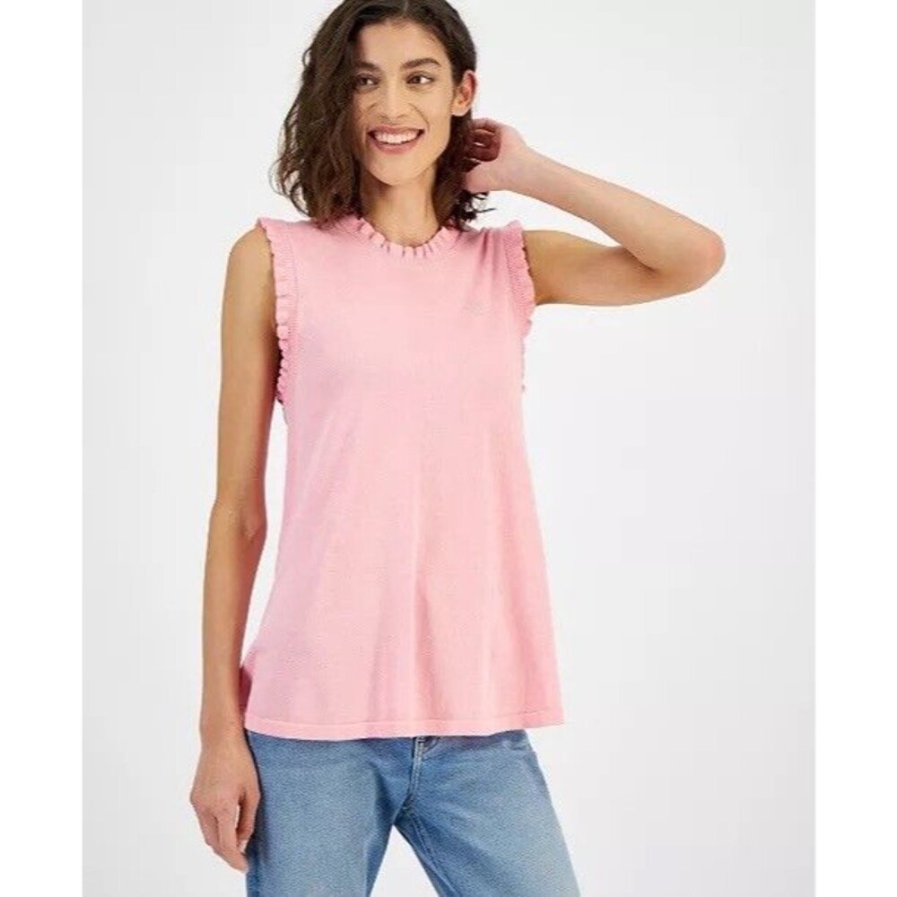 Tommy Hilfiger Womens Ruffle-Trim Sleeveless Sweater Pink XXL Heart Valentines‎